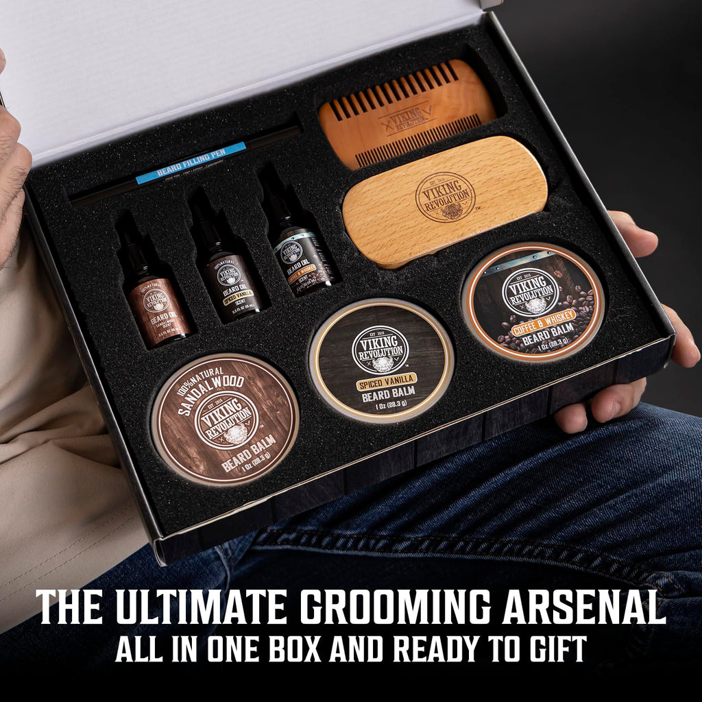 Viking Revolution 3 Pack Ultimate Beard Care Collection - Each Pack Includes 3 Beard Oils (3 X 0.5 FL OZ), 3 Balms (3 X 0.5 OZ), Brush, Wooden Comb & Filling Pen. Soften, Condition & Style