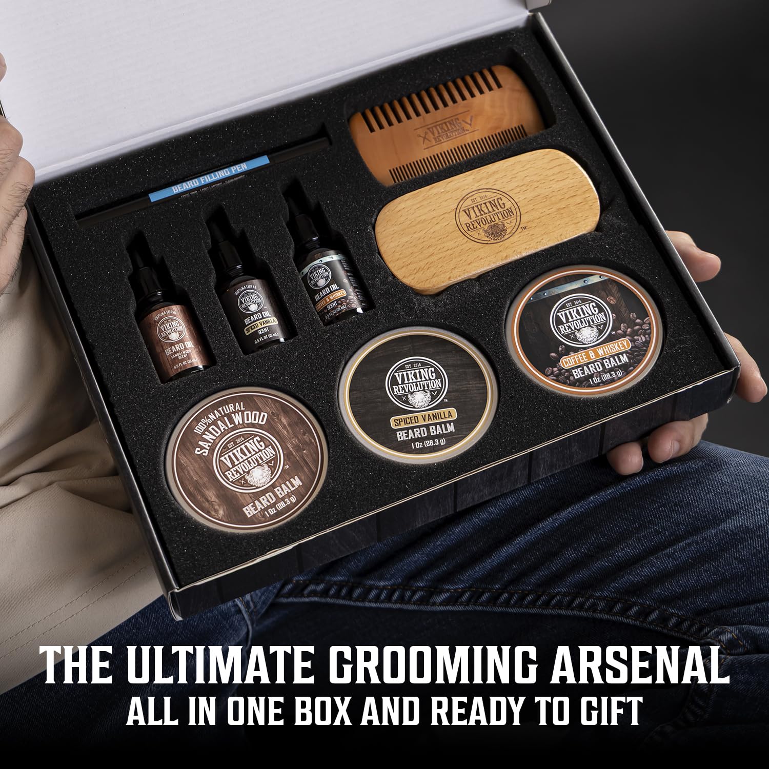 Viking Revolution 3 Pack Ultimate Beard Care Collection - Each Pack Includes 3 Beard Oils (3 X 0.5 FL OZ), 3 Balms (3 X 0.5 OZ), Brush, Wooden Comb & Filling Pen. Soften, Condition & Style