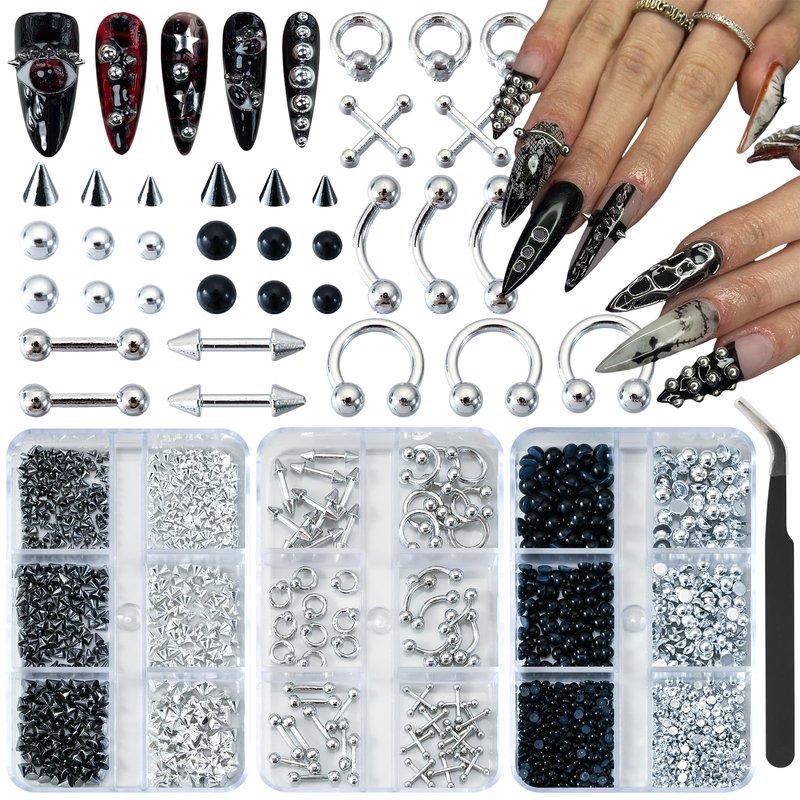 UWETIME 3 Boxes Goth Nail Charms Metal Charms for Nails Studs Black Silver Punk Accessories