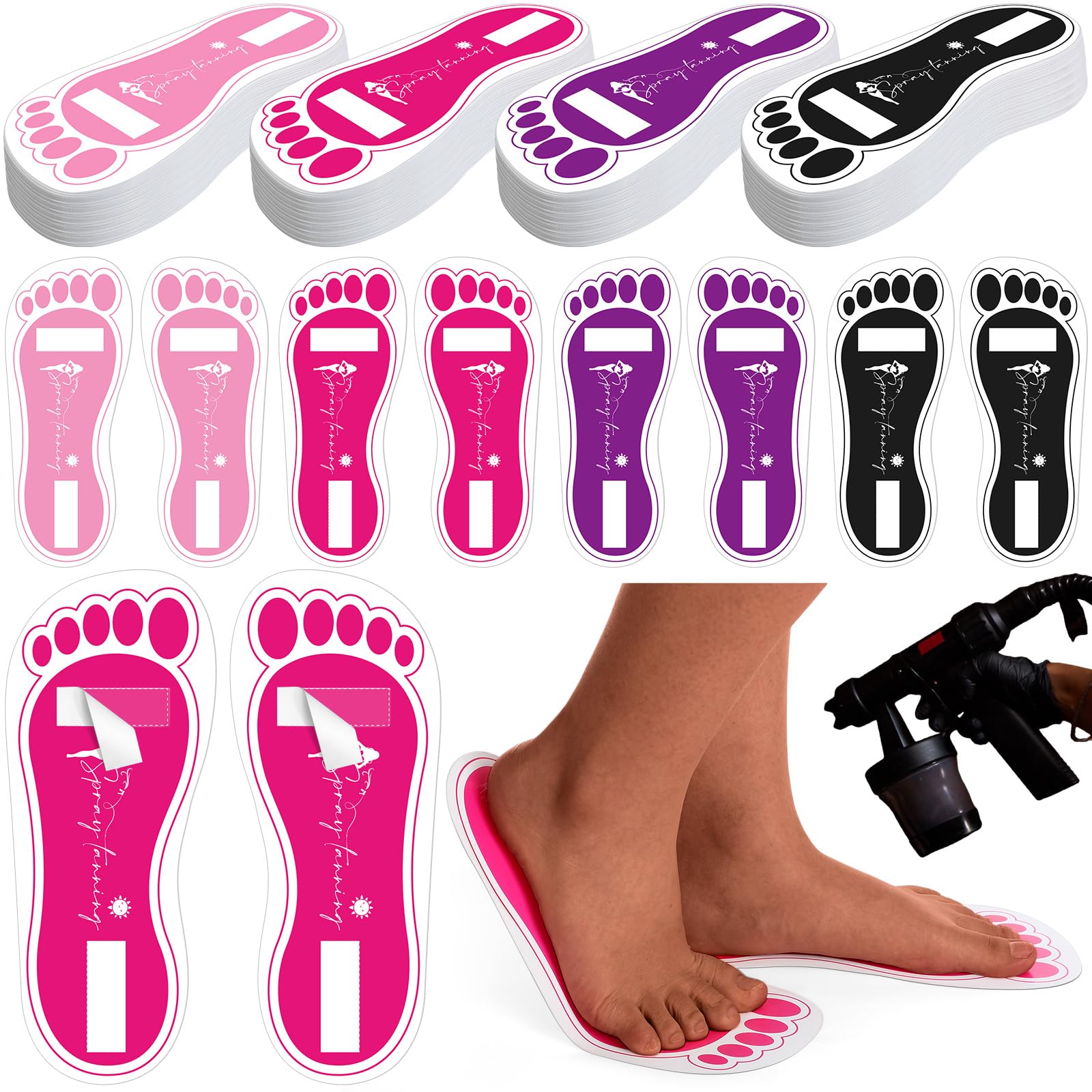 Suhine 120 Pairs (240 Feets) Disposable Spray Tanning Feet Pads Bulk Sticky Secure Spray Tan Feet Pads Accessories for Sunless Tanning Hygienic Foot Salons Spas(Black, Rose Red, Purple, Pink)
