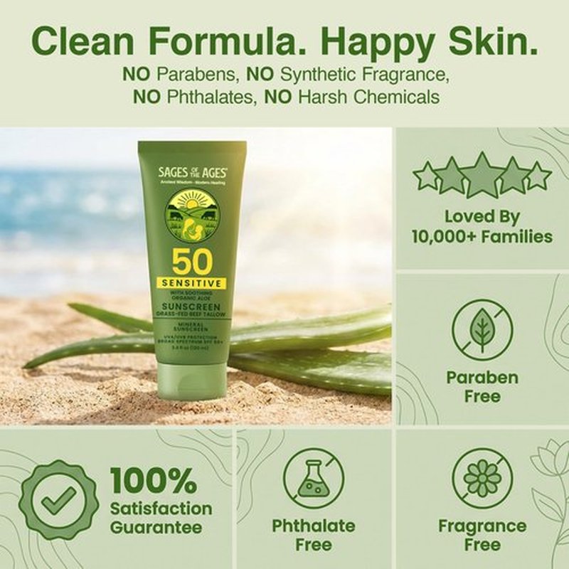 Organic Tallow Mineral Sunscreen SPF 50 with Non-Nano Zinc Oxide — Reef Safe UVA/UVB Broad Spectrum Sunblock, Water Resistant 80 Min, Moisturizing Lotion for Face & Body, 3.4 fl oz