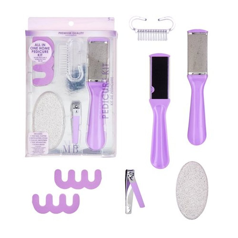 5pc Pedicure Kit - All-in-One Home Pedicure Set w/Toe Nail Clipper, Exfoliating Stone, Callus Smoother, Toe Separators, Foot Scrub Brush | Complete Foot Care Kit (Lavender)