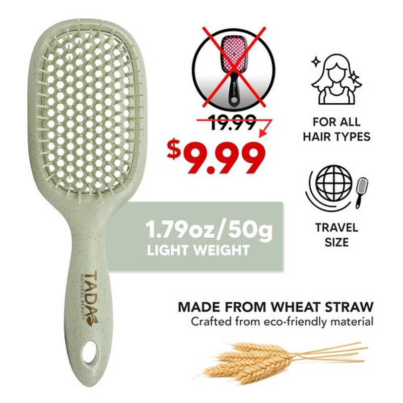 TADA Natural Beauty Hair Brush Detangler for Curly, Thick, Wavy, and Thin Hair - Ventilation Holes for Quick Drying and Styling, Detangler Brush for Women, Men, Kids (4 Colors) (Green)