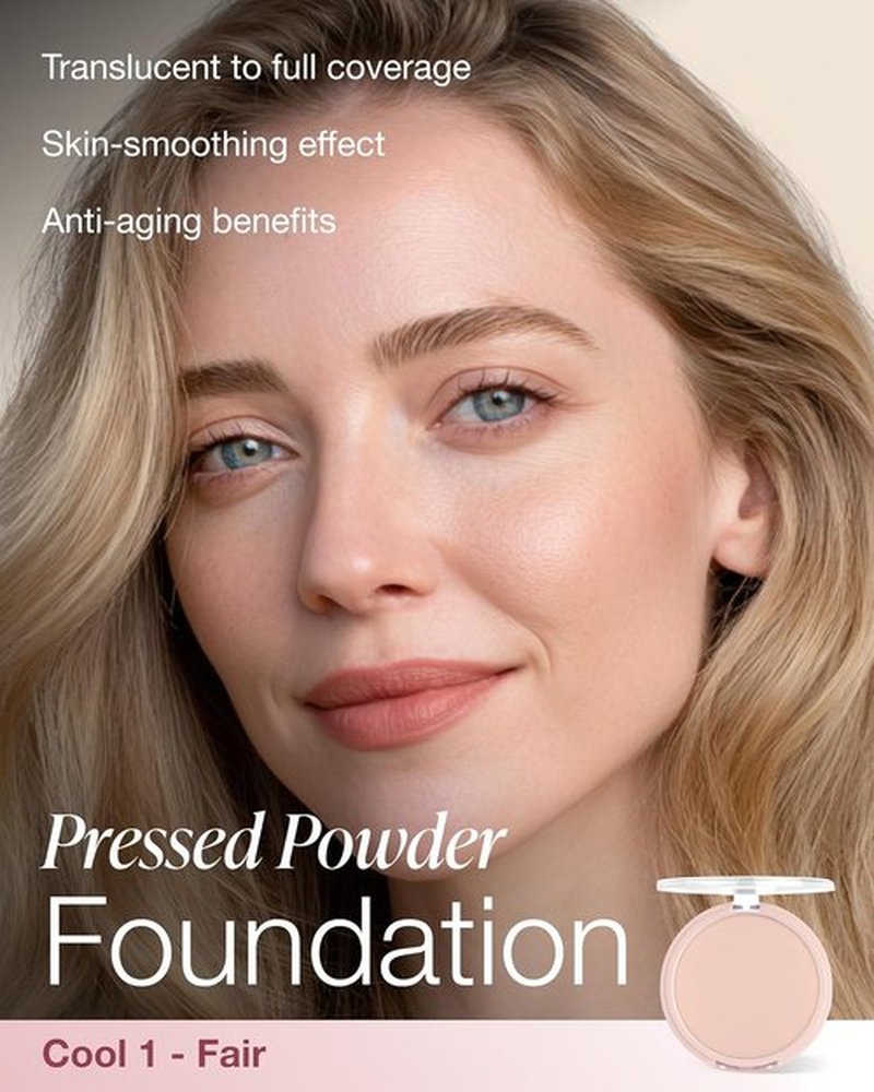 Mineral Fusion Pressed Powder Foundation - Matte Finish for Fair Skin with Pink/Red Undertones | Age-Defying, Talc-Free, Vegan (Cool 1)