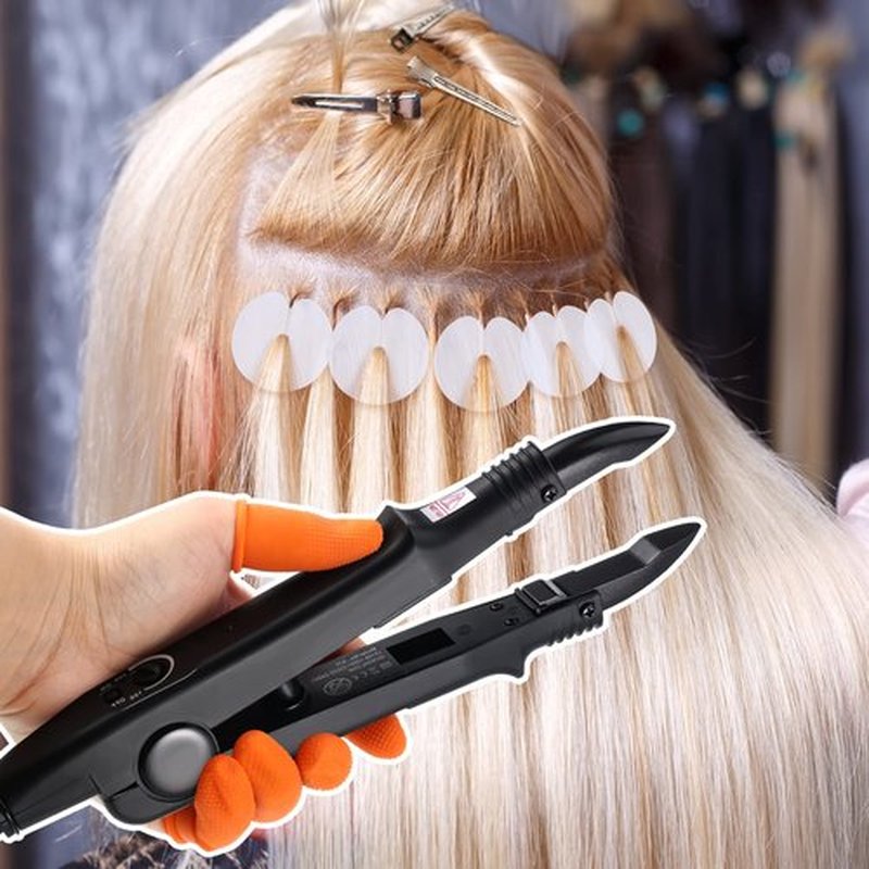Keratin Hair Extension Kit: Heat Iron, Keratin Glue Granules, Protector Templates, Hair Clips, and Finger Protector(Black)