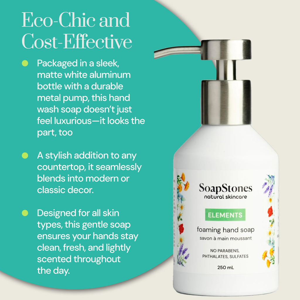 Soapstones Olive Oil Foaming Hand Soap - Elements - 250 mL - Moisturizing, Soft and Hydrating Formula in a Refillable Bottle - Rosemary and Mint Infused Foam Hand Soap