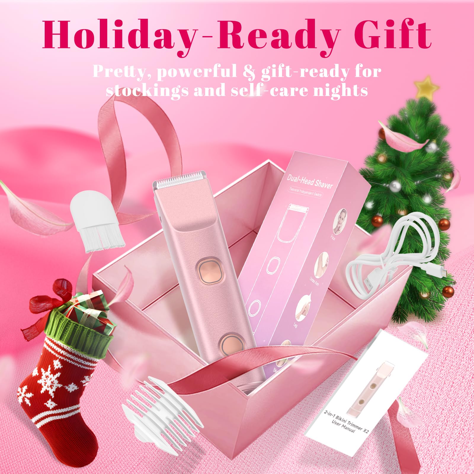 Fanovae Bikini Trimmer for Women – Dual-Head Electric Razor, IP67 Waterproof USB-C Rechargeable Shaver for Bikini Line, Underarms, Legs & Face, Rose Gold Stocking Stuffer Holiday Gift