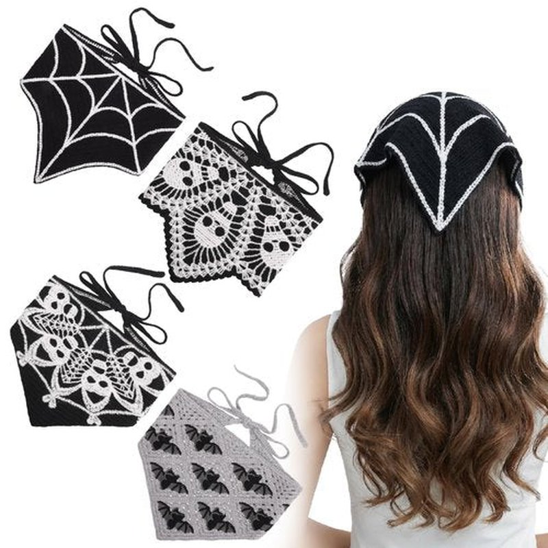 JATEBI 4 Pcs Skull Headbands Bat Crochet Bandanas Headband Spiderweb Gothic Head Scarf Knitted Triangle Hairband Halloween Hair Styling Accessories for Women