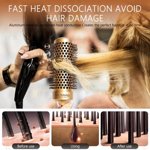 Round Brush Set for Blow Drying- 5 in 1 Round Brush & Paddle Brush Kit with Section Clips - Nano Ceramic Ionic Barrel - Styling, Curling, Smoothing for All Hair Types