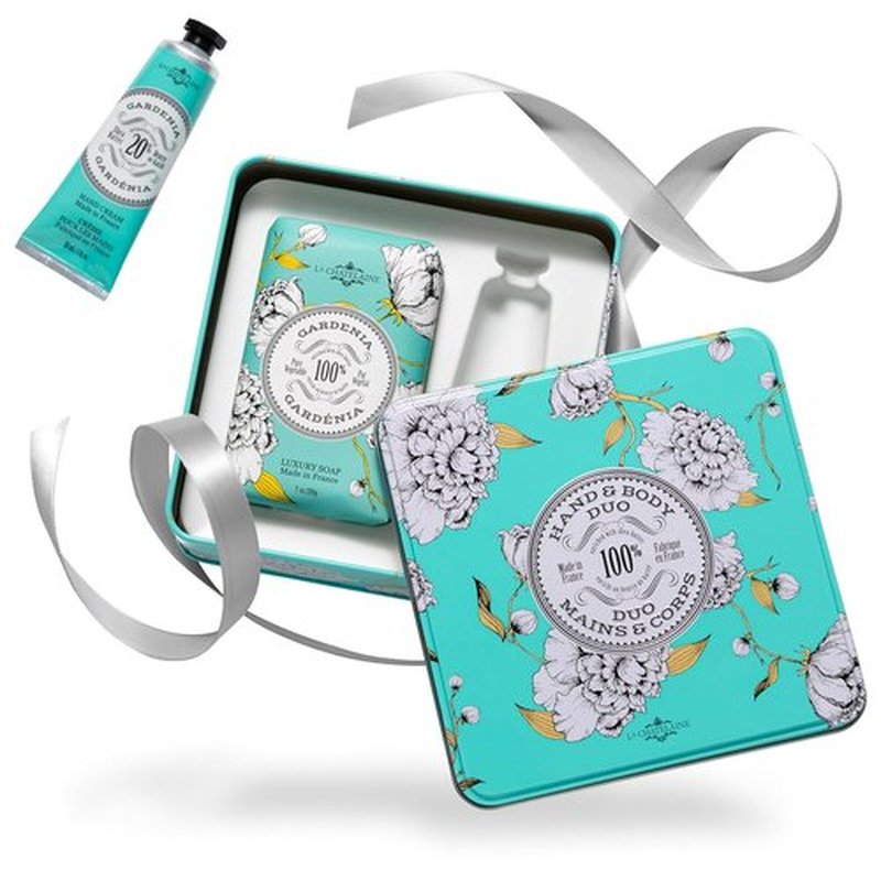 La Chatelaine Gardenia Soap & Shea Butter Hand Cream Gift Set - Natural & Organic | Decorative Tin (7 oz. Soap, 1 oz. Lotion)