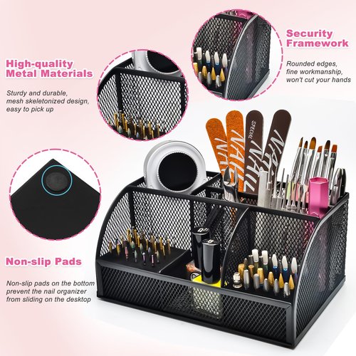 CGBE Nail Drill Bits Holder: 60 Holes Professional Drill Bit Holder for Nails - Mesh Metal Nail Tools Organizer Display Case - Nail Desk Organizer for Nail Tech - Black (Not Included Nail Drill)