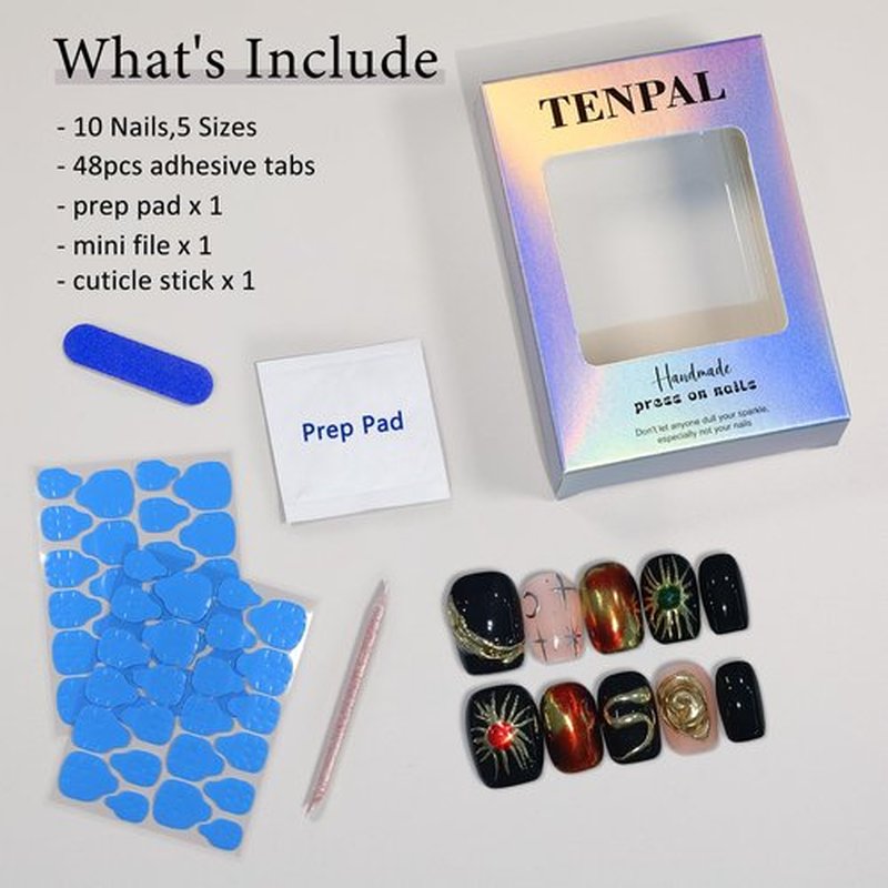 TENPAL Gothic Press on Nails Short Square,Glossy Black Space Theme Fake Nails with 3D Serpent & Planets, Acrylic Glossy Handmade Winter False Nails with 10pcs,Dark Celestial Glue on Nail Art(L)