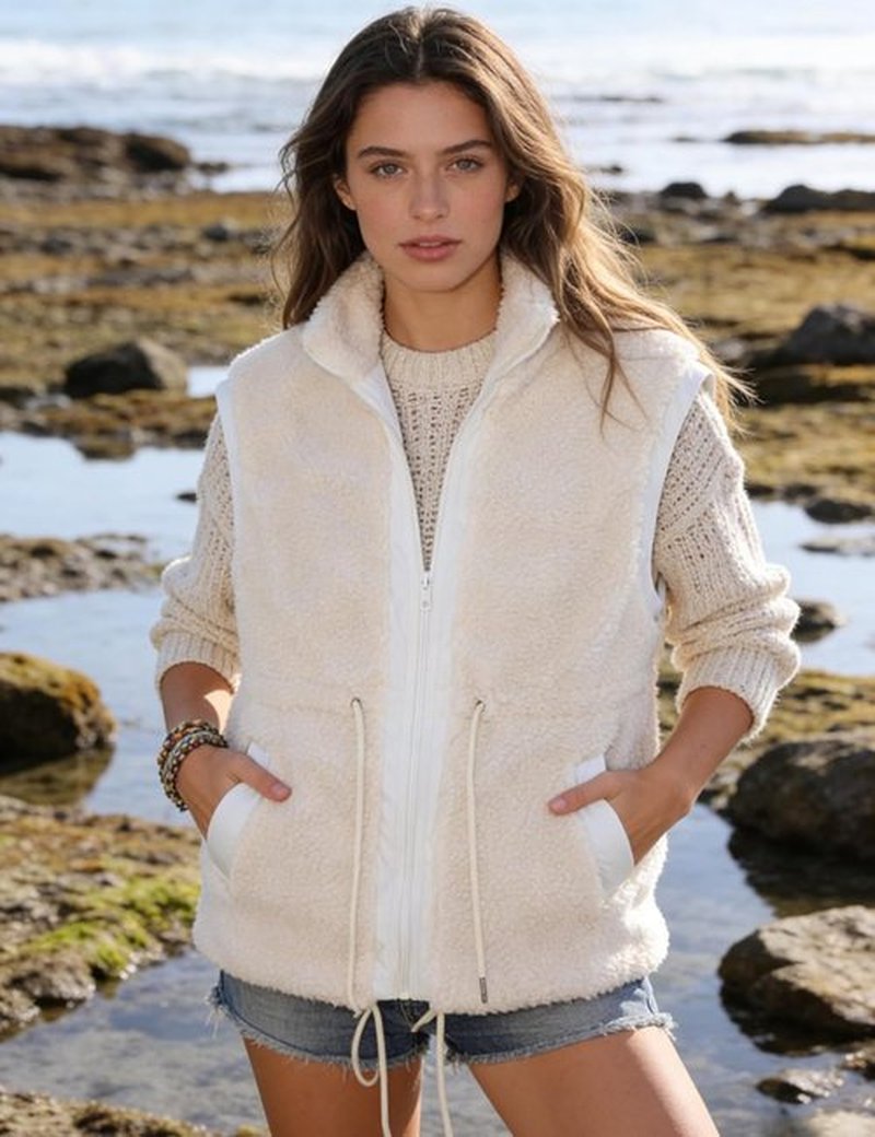 Gozoloma Women's Fleece Vest - Zip-Up Sherpa Jacket with Pockets & Waist Tie | Loose Fit, Cozy Style