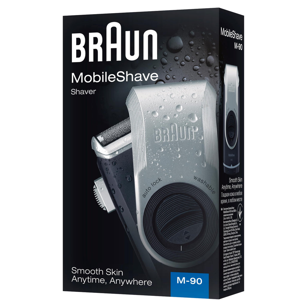 Braun MobileShave M-90 Travel Shaver Silver (Precision Trimmer, Smart Foil, Wide Floating Foil, Washable)