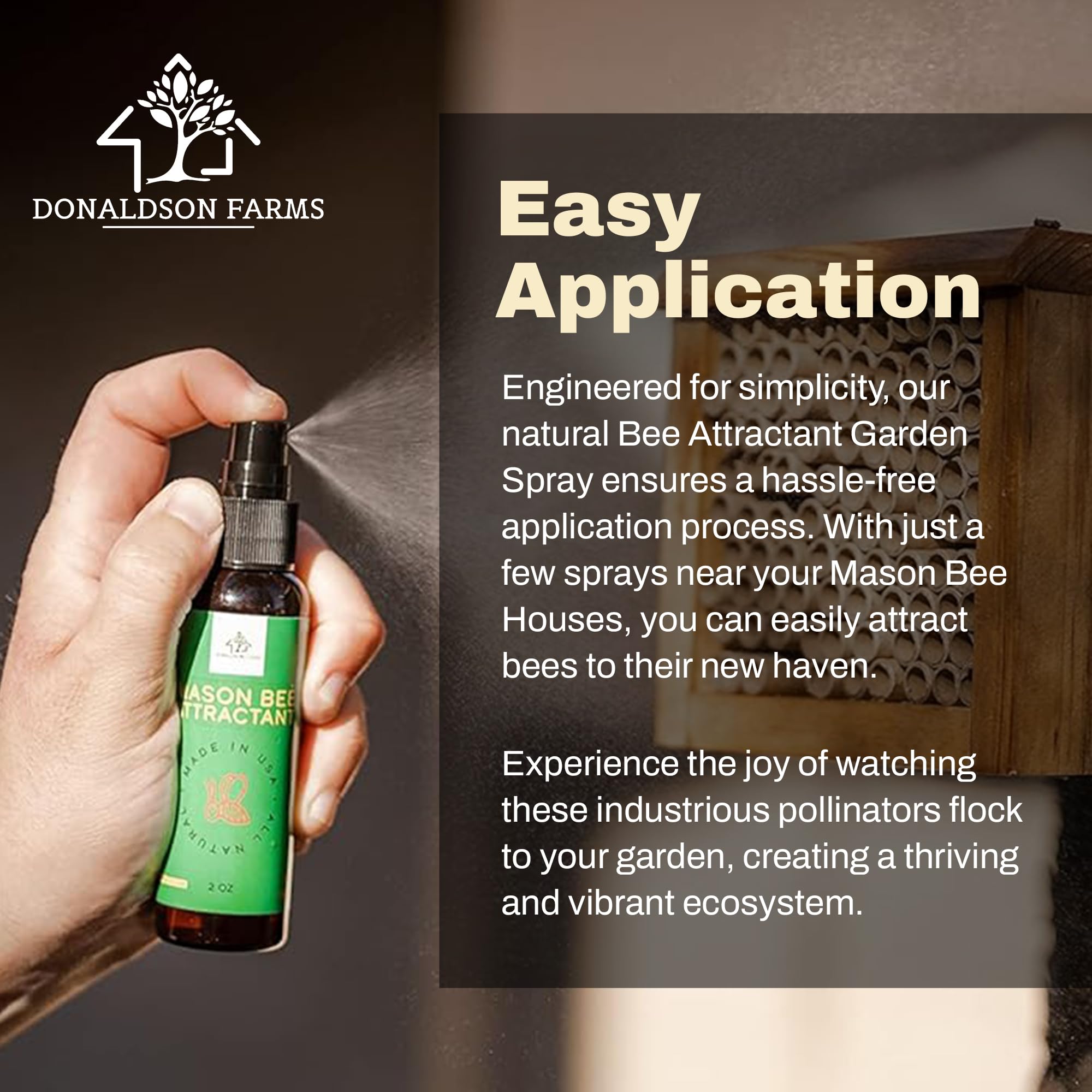 Donaldson Farms Mason Bee Attractant Spray – Made with Natural Lemongrass Oil to Lure Pollinating Bees, Easy to Use Garden Spray for Bee Houses, Nests, Flowering Plants & Fruit Trees – 2 oz