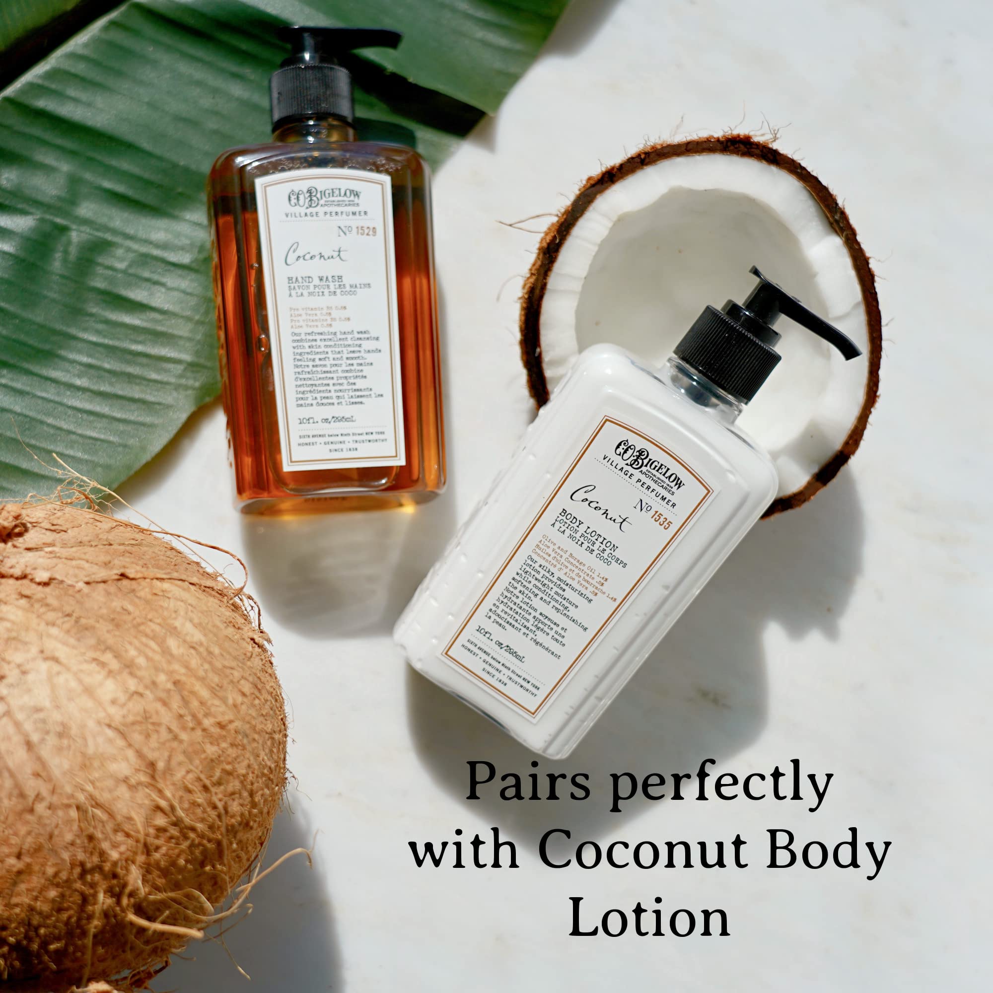 C.O. Bigelow Hand Wash, Coconut, No. 1529 - Village Perfumer Moisturizing Hand Wash for Bathroom & Kitchen with Aloe Vera, 10 fl oz, Pack of 2