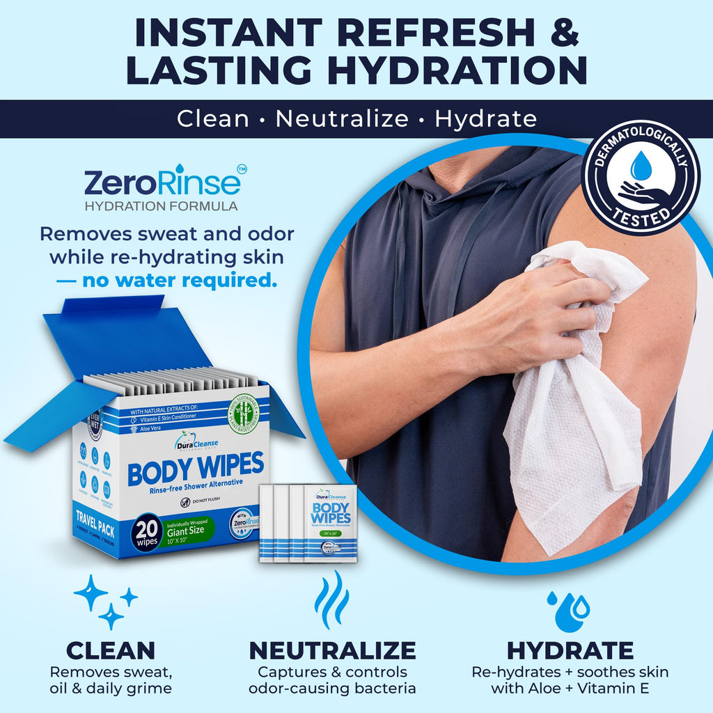 Body Wipes for Adults Bathing No Rinse - 20 Count Travel Shower Wipes - 10 x 10" Individually Wrapped Thick Cleansing Waterless Wash Scrubs - Disposable Washcloths for Camping & Elderly Incontinence