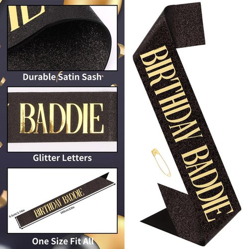 Canitor Birthday Baddie Sash Crown Set Birthday Gifts Party Favors Supplies Decorations & Accessories for Women Girl Adult Dress Outfits Rhinestone Tiara Headband Soft Satin Sash