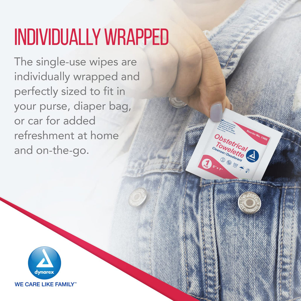 Dynarex 5 x 7" Obstetrical Towelettes - Benzalkonium Chloride Wipes with 5% Alcohol - Pre-Moistened, Scented & Individually Wrapped Sanitizing Wipes - 1 Box of 100 Wipes