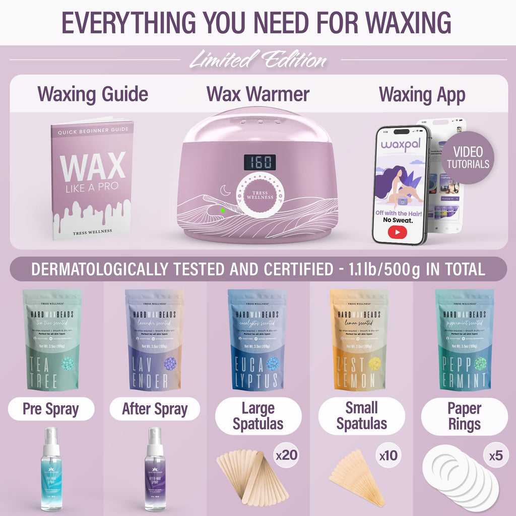 Tress Wellness Award Winning Waxing Kit for Sensitive Skin – Safe for Face & Skin, Easy to Use – At-Home Kit for Face, Bikini, Brazilian & Full Body - Digital Display, Misty Lilac
