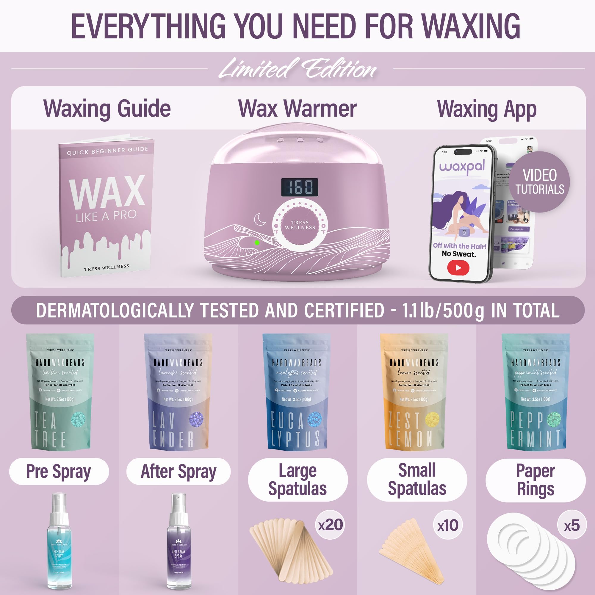 Tress Wellness Award Winning Waxing Kit for Sensitive Skin – Safe for Face & Skin, Easy to Use – At-Home Kit for Face, Bikini, Brazilian & Full Body - Digital Display, Misty Lilac