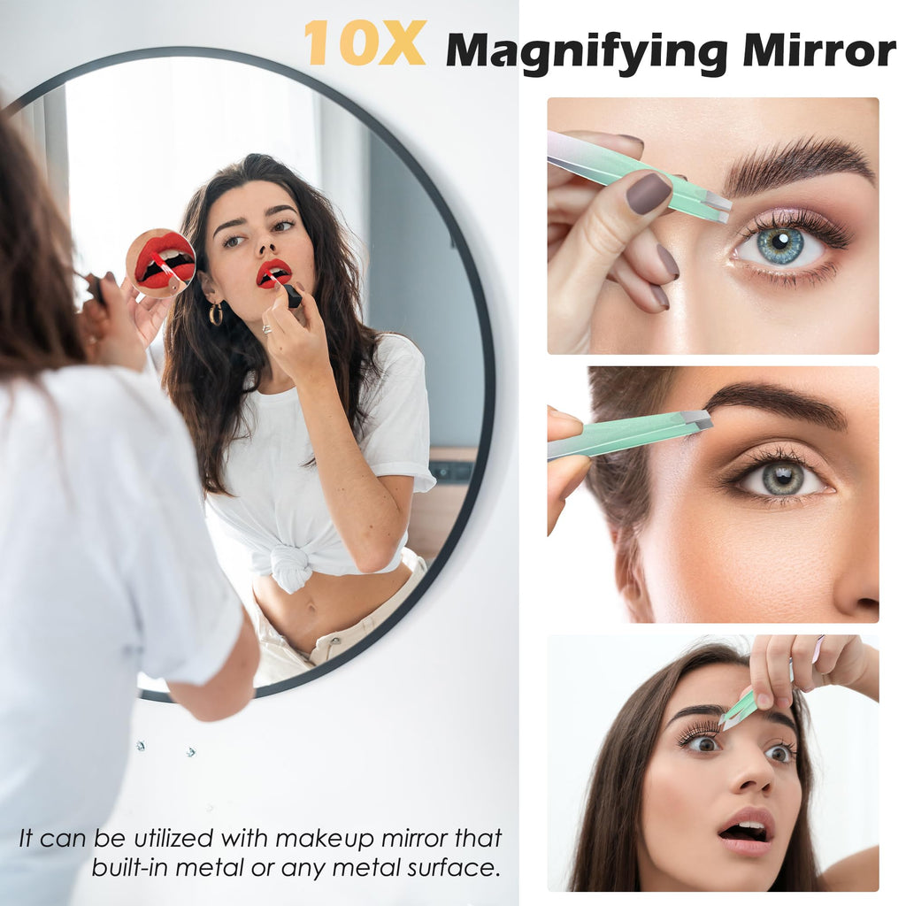 WangSelect Tweezers and 10X Magnifying Mirror Kit with Travel Leather Case, Eyebrow Tweezer Set for Women & Men, Great Precision for Facial Hair, Splinter and Ingrown Hair Removal - Candy Color