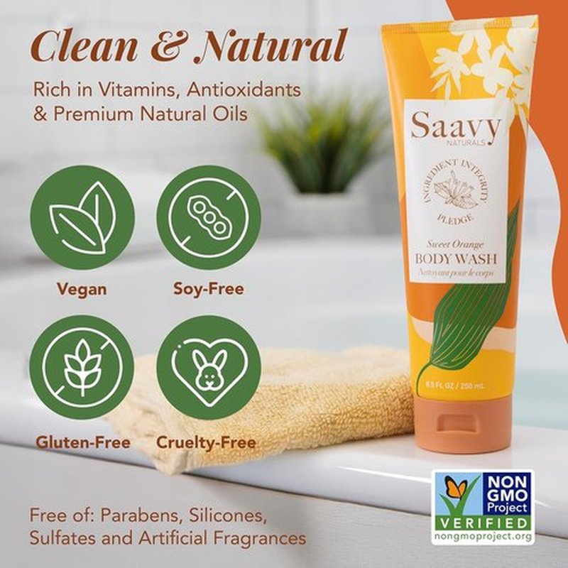 Saavy Naturals Moisturizing Body Wash - Plant-Based Formula with Coconut Oil & Aloe Vera | Sweet Orange, 8.5 fl oz, 2 Pack