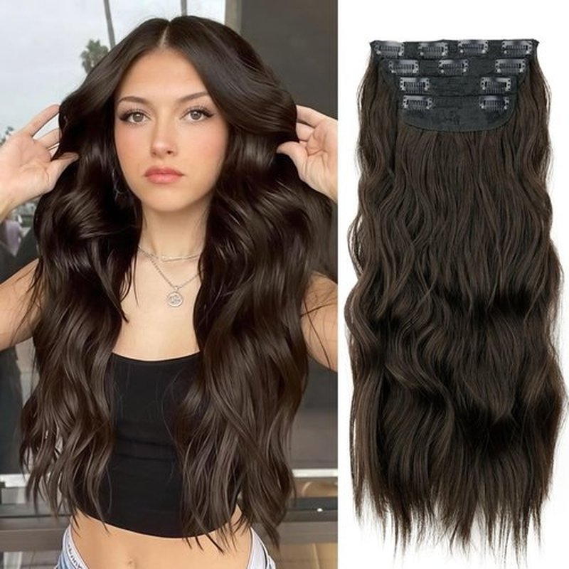 Kurope 4PCS Clip in Hair Extensions for Women Dark Brown Hair Extensions Clip Ins 20 Inch Long Wavy Synthetic Hairpieces, Perfect for Daily Wear and Parties