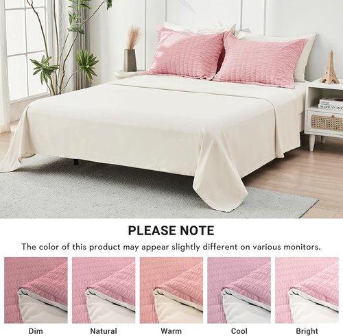 HYMOKEGE Full Size Comforter Set - Luxury Seersucker 7-Piece Bedding in Pink/Ivory for All Seasons