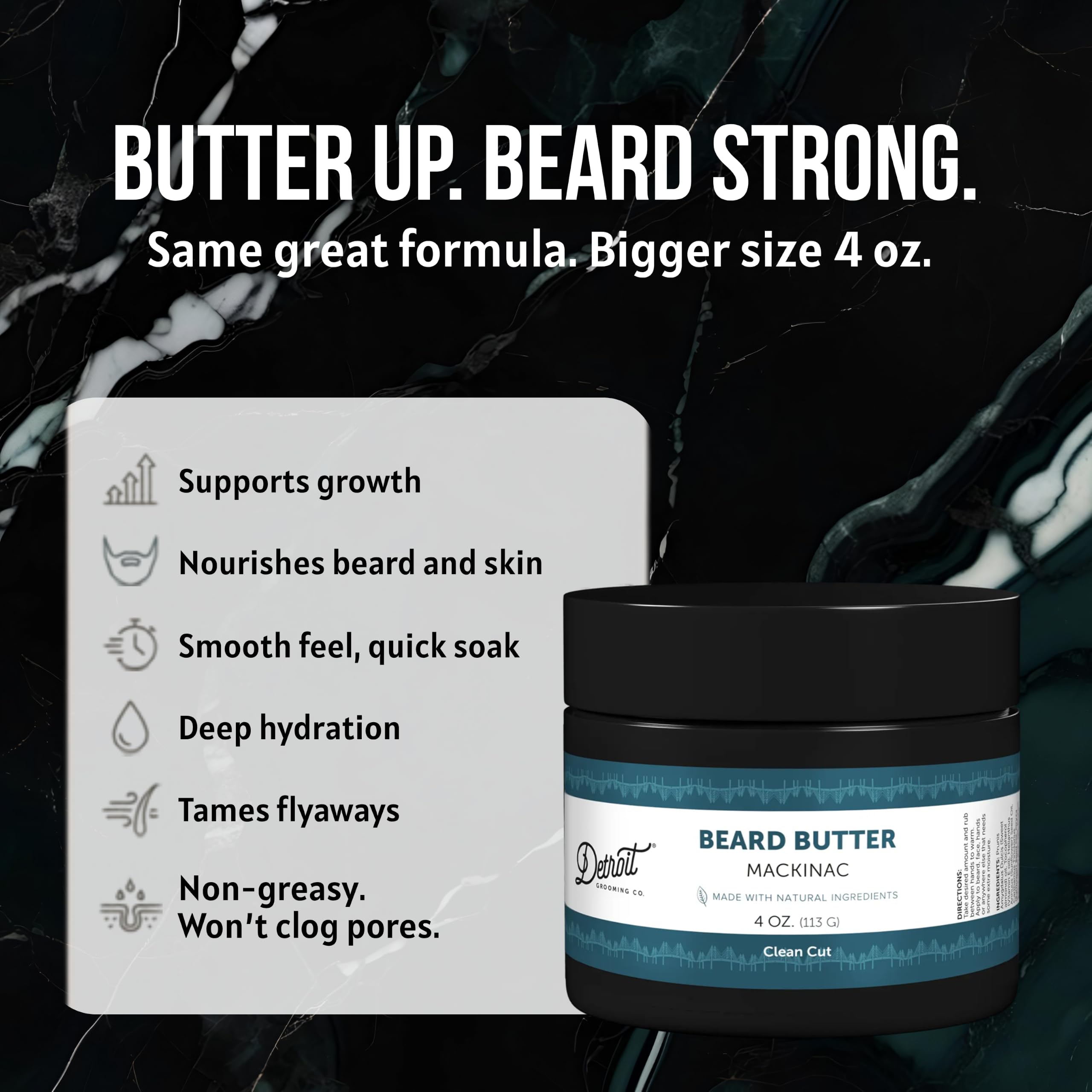 Detroit Grooming Co. Beard Butter for Men - Premium Leave-In Conditioner & Softener with Safflower Oil & Shea Butter - Hydrating Beard Moisturizer for Growth & Thickness - Mackinac, 4oz