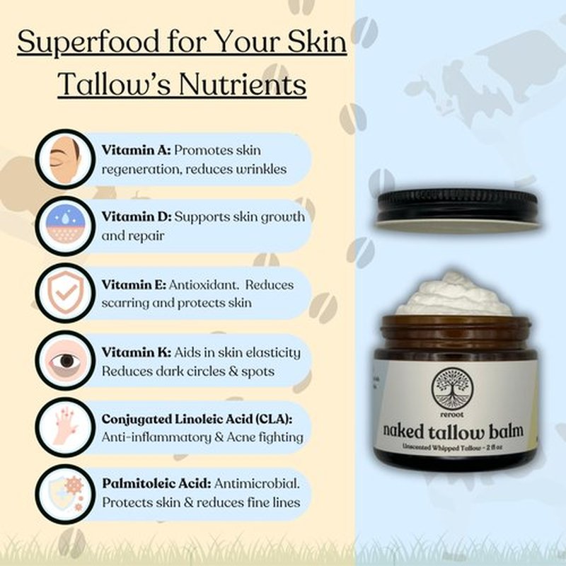 Reroot Organics Beef Tallow Balm for Skin | NAKED TALLOW BALM | 1 Ingredient - 100% Grass Fed Grass Finished Tallow | Whole Body & Face Moisturizer | Whipped | Dry Skin, Eczema, Rosacea, (2oz)
