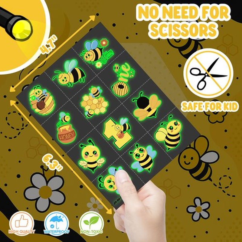 72 PCS Bee Party Favors – 48 PCS Luminous Tattoos & 24 PCS LED Finger Lights Combo – Birthday Goodie Bag Fillers, Party Supplies, Gifts Light Up Toys Glow In The Dark for Boys and Girls