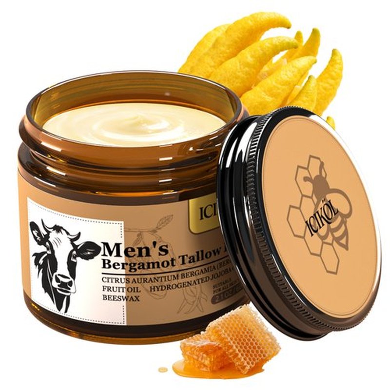 ICIKOL Grass-Fed Beef Tallow Balm for Men - Whipped Tallow Face Moisturizer & Beard Balm with Manuka Honey - Natural After Shave Care for Dry & Sensitive Skin, 2.1 oz