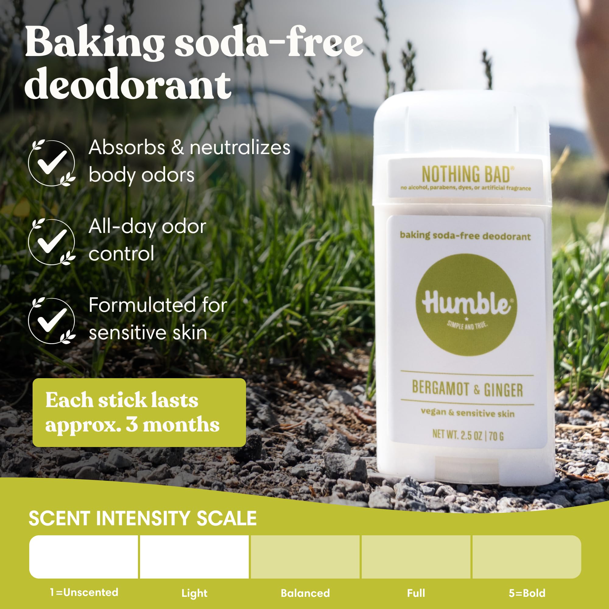 Humble Aluminum-Free Deodorant for Women & Men, Bergamot & Ginger - Baking Soda-Free Natural Deodorant Stick for Sensitive Skin with Essential Oils for Long-Lasting Odor Control, 2.5 Oz