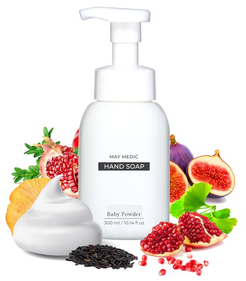 MAY MEDIC Baby Powder Double Scented Foaming Hand Soap, Moisturizing Foam with Fig and Pomegranate Extract, Vegan Wash for Bathroom and Kitchen, 10.14 fl oz (No Box)