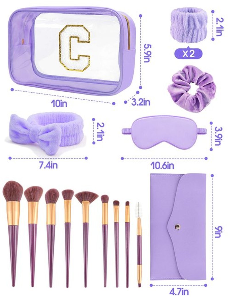 Gift Sets for Women, Initial Makeup Bag with Makeup Brush Set Bachelorette Party Favors, Purple Spa Kit with Skincare Headbands Wrist Bands Sleepover Party Supplies Gifts for Teen Girls Bridesmaid C