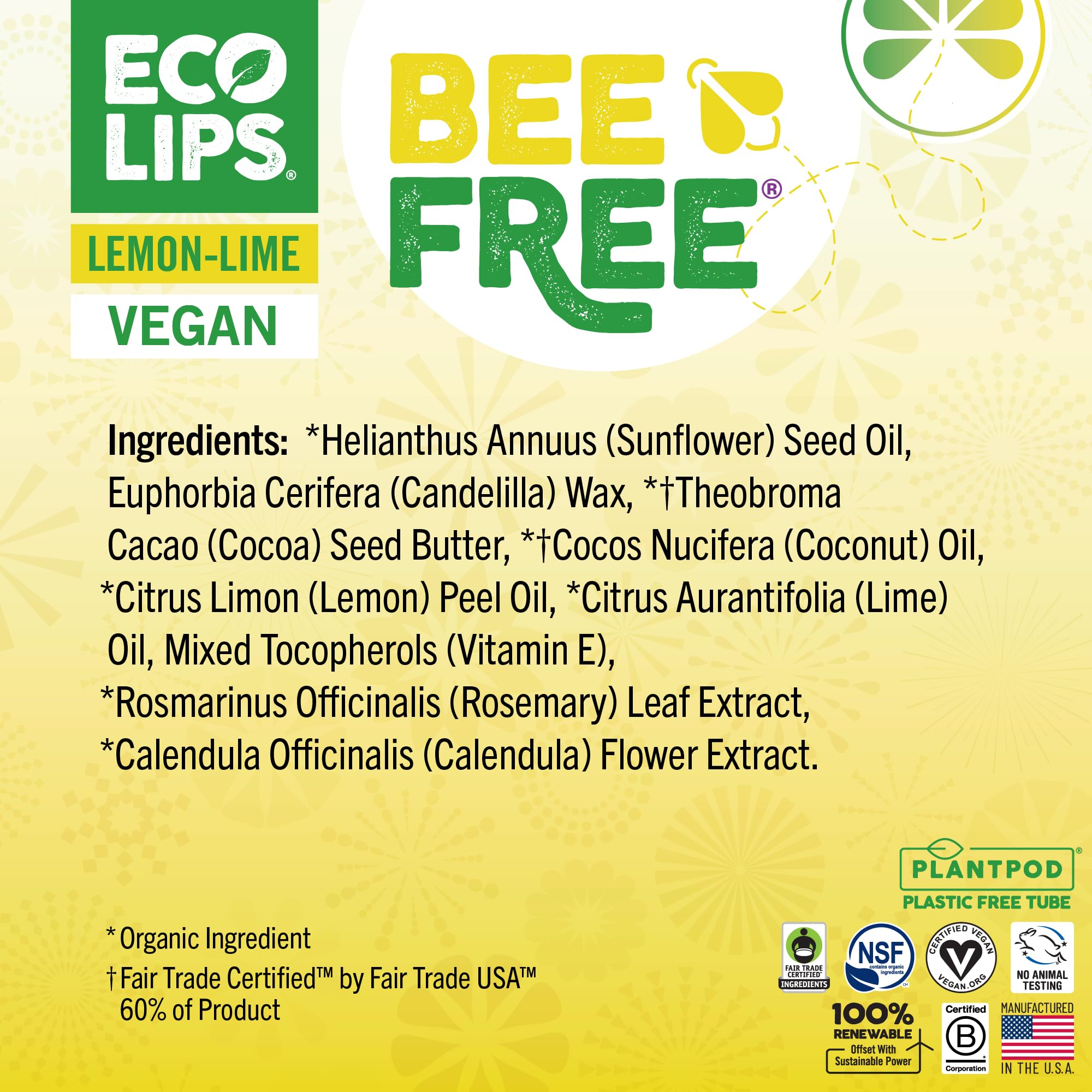 Vegan Lip Balm Lemon Lime Flavor 3 Pack - Bee Free with Candelilla Wax, Cocoa Butter & Coconut Oil Lip Care. Soothe & Moisturize Dry, Chapped Lips - 100% Plastic-Free Plant Pod Packaging - Made in USA