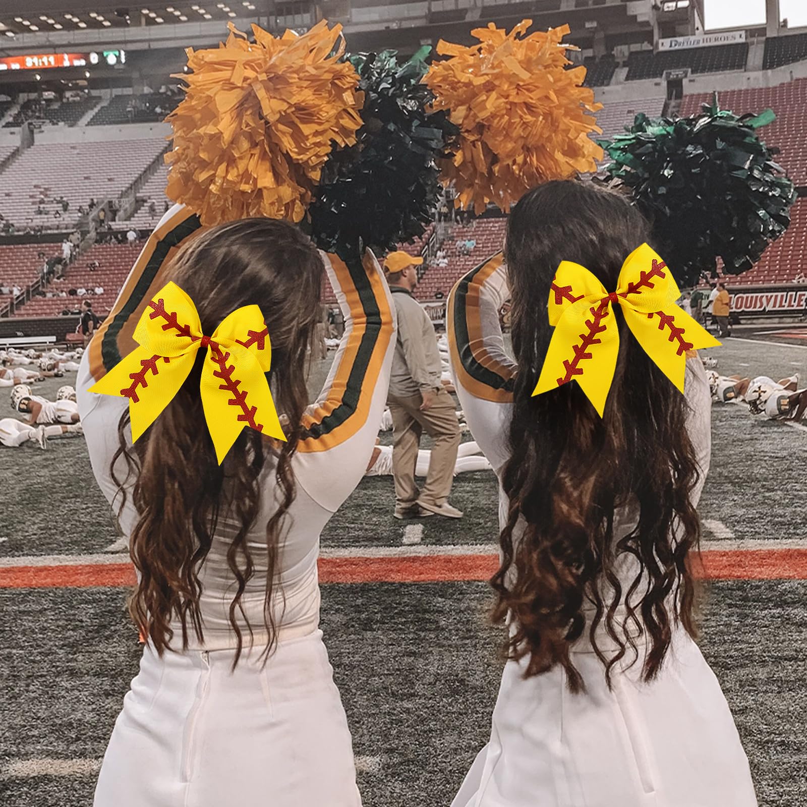 YLEN YHXX 20 PCS 8" Large Softball Cheer Hair Bows Cheerleading Bows with Ponytail Holder Elastic Band Handmade for Cheerleading Teen Girls College Sports （Softball Yellow）