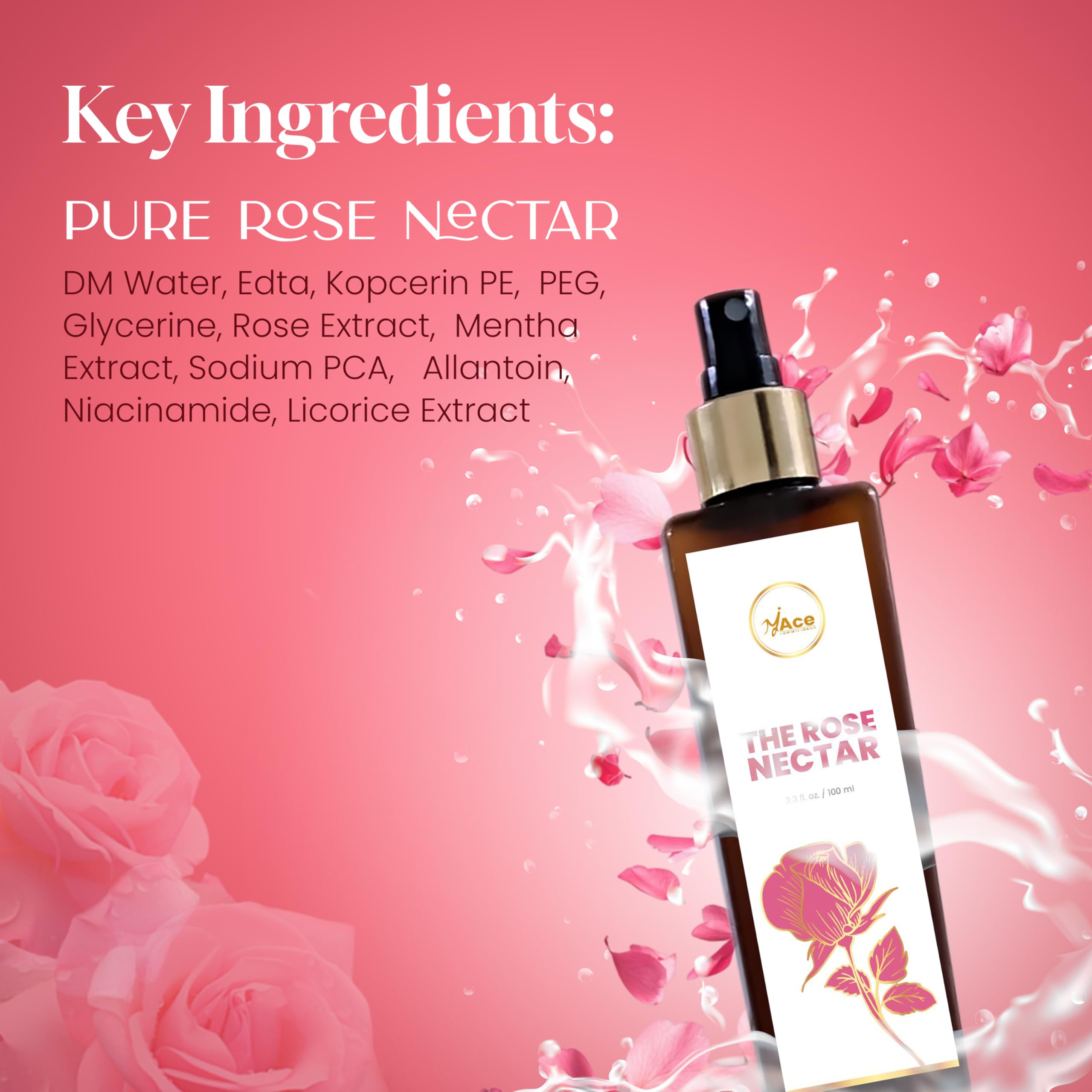 My Ace Rose Nectar Face Mist - Hydrating Facial Toner & Rose Water Spray with Niacinamide & Licorice - 100% Pure, Natural, Organic, Alcohol-Free for Soothing, Refreshing, Brightening Skin - 3.38 fl oz