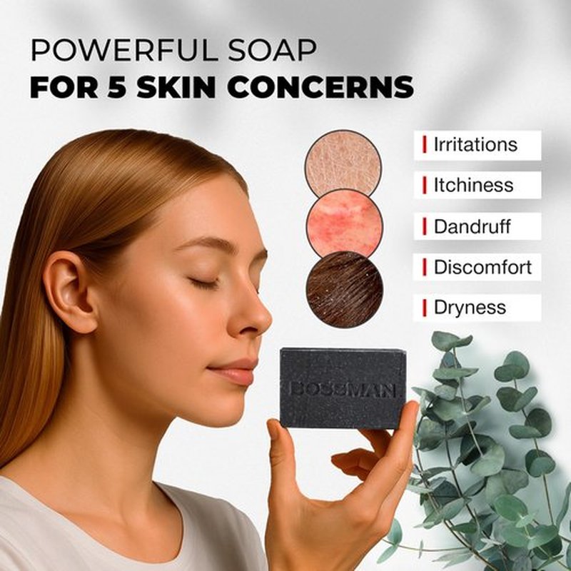 Bossman 4-in-1 Charcoal Soap Bar (4 oz) – Bar Soap for Men – All-Natural Beard Wash, Shampoo, Body Wash & Shaving Solution – Eucalyptus & Tea Tree Scent