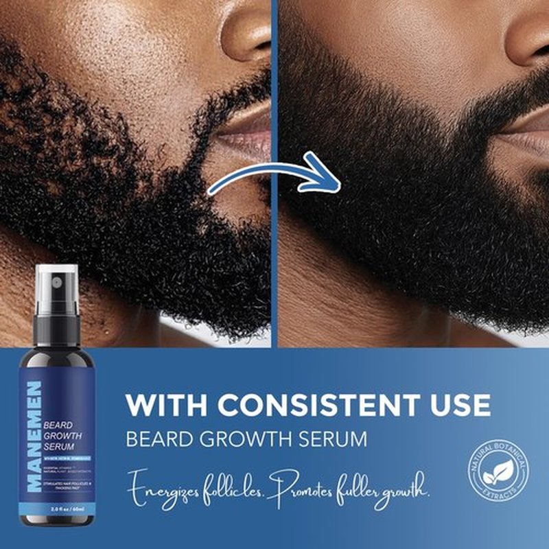 Manemen Beard Growth Serum Spray- Biotin, Castor Oil, Vitamin B5 & B12 - Natural Hair Regrowth Beard Oil Formula for Thicker, Fuller, Stronger Beard - Stimulates Hair Follicles & Supports Fast Growth
