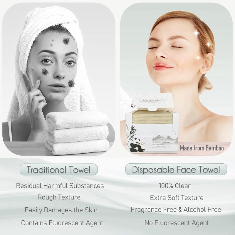 WOWOTEX Bamboo Rayon Disposable Face Towels - Biodegradable, Extra Thick, Soft & Gentle | 60 Count Box for Sensitive Skin & Makeup Removal