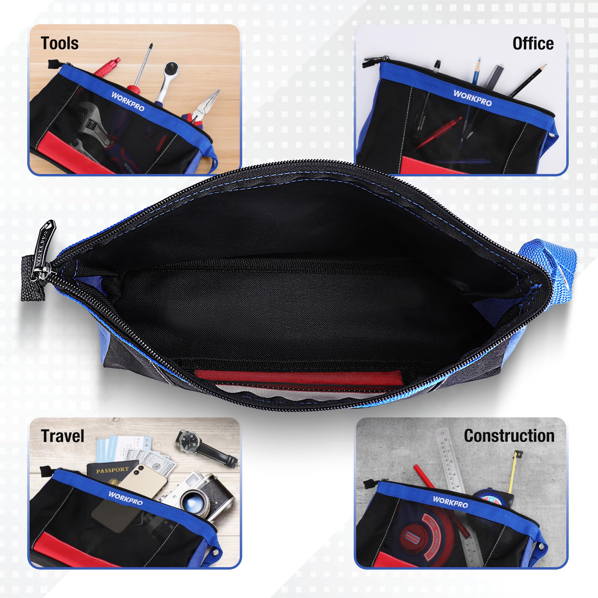 WORKPRO 12" Tool Bag Pouches, 2 Pack Zipper Organizer Bags with Mesh Window