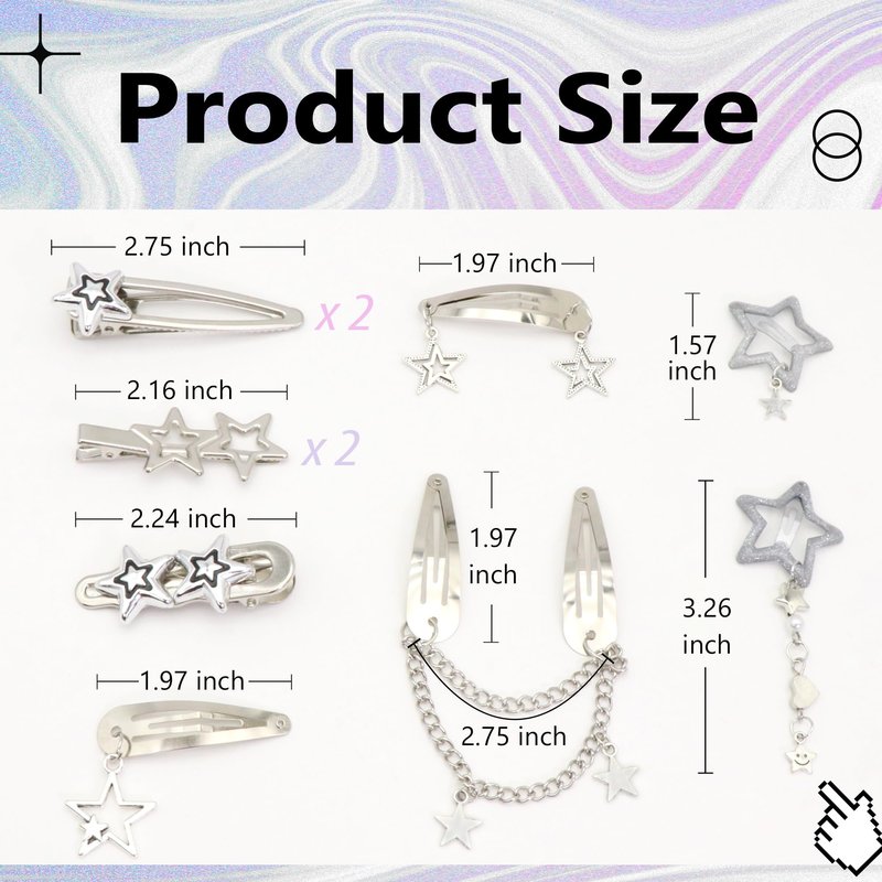YAEISM 10PCS Star Hair Clips Y2K Silver Hair Clips Metal Star Barrettes 8 Shapes Pentagram Hair Snap Clips Punk Kawaii 2000s Hair Accessories for Women