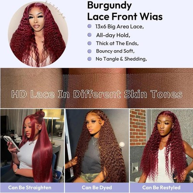 Estilar 99j Burgundy Deep Wave Lace Front Wigs Human Hair 200 Density 13x6 HD Lace Frontal Wigs Pre Plucked Deep Curly Glueless Wigs Human Hair with Baby Hair for Women Red Color 28 Inch