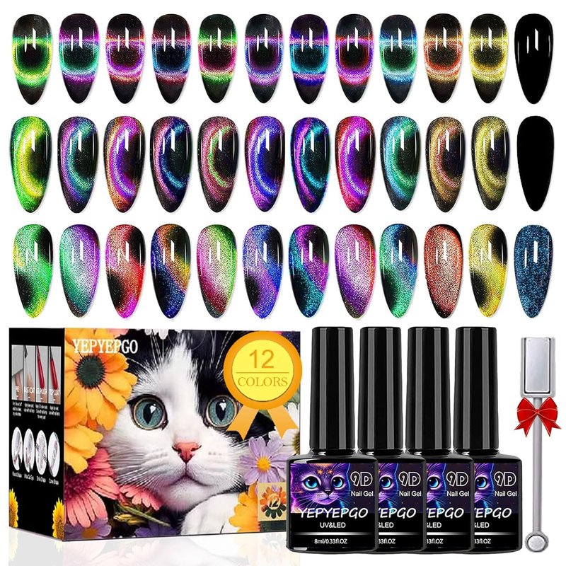 YEPYEPGO 9D Cat Eye Gel Nail Polish Set 12 Colors, Cat Eye Gel Polish with Magnet, Magnetic Cateye Chameleon Galaxy Effects Professional Use for Salon