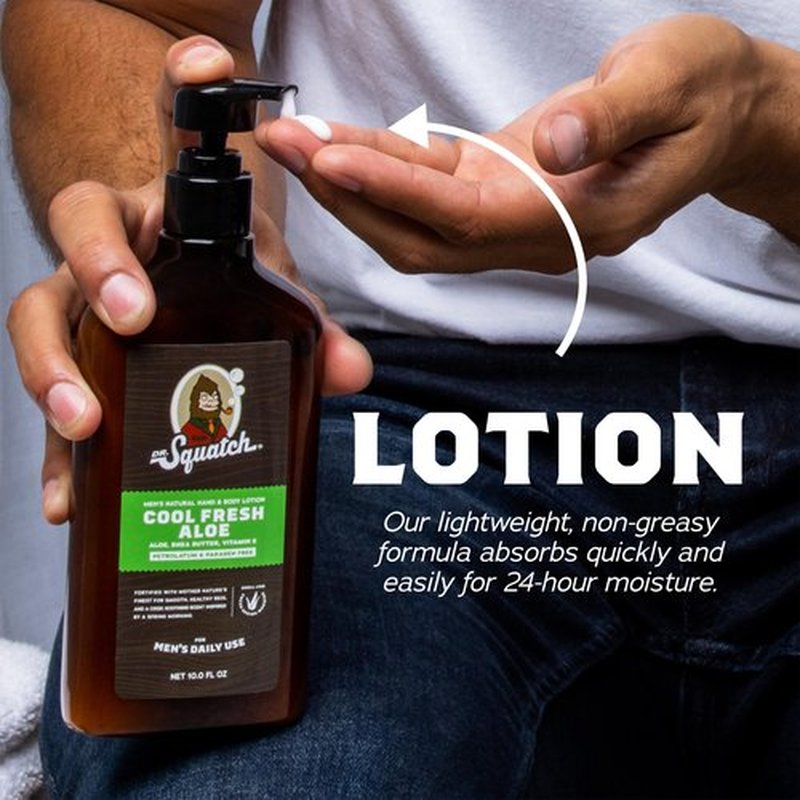 Dr. Squatch Natural Hand and Body Lotion for Men - Made with Shea Butter, Coconut Oil, Vitamin E for 24-Hr Moisturization - Cool Fresh Aloe & Fresh Falls (10 fl oz, 2-Pack)