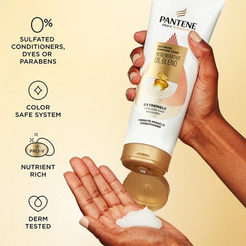 Pantene Pro-V Miracles Conditioner, Extreme Damage Care Regenerative Oil Blend 1 Minute Miracle, Moisturizes, Smooths, Argan & Jojoba Oils, 0% Sulfated Conditioners, Dyes, or Parabens, 10.9 Fl Oz