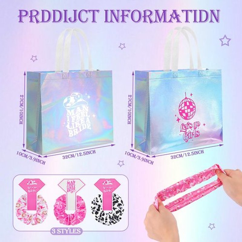 Norme 24 Pcs Let's Go Bachelorette Gift Set 12 Western Disco Bachelorette Bags 12 Hair Scrunchies Western Cow Print Ties Ropes for Bridal Disco Wedding Party Favors