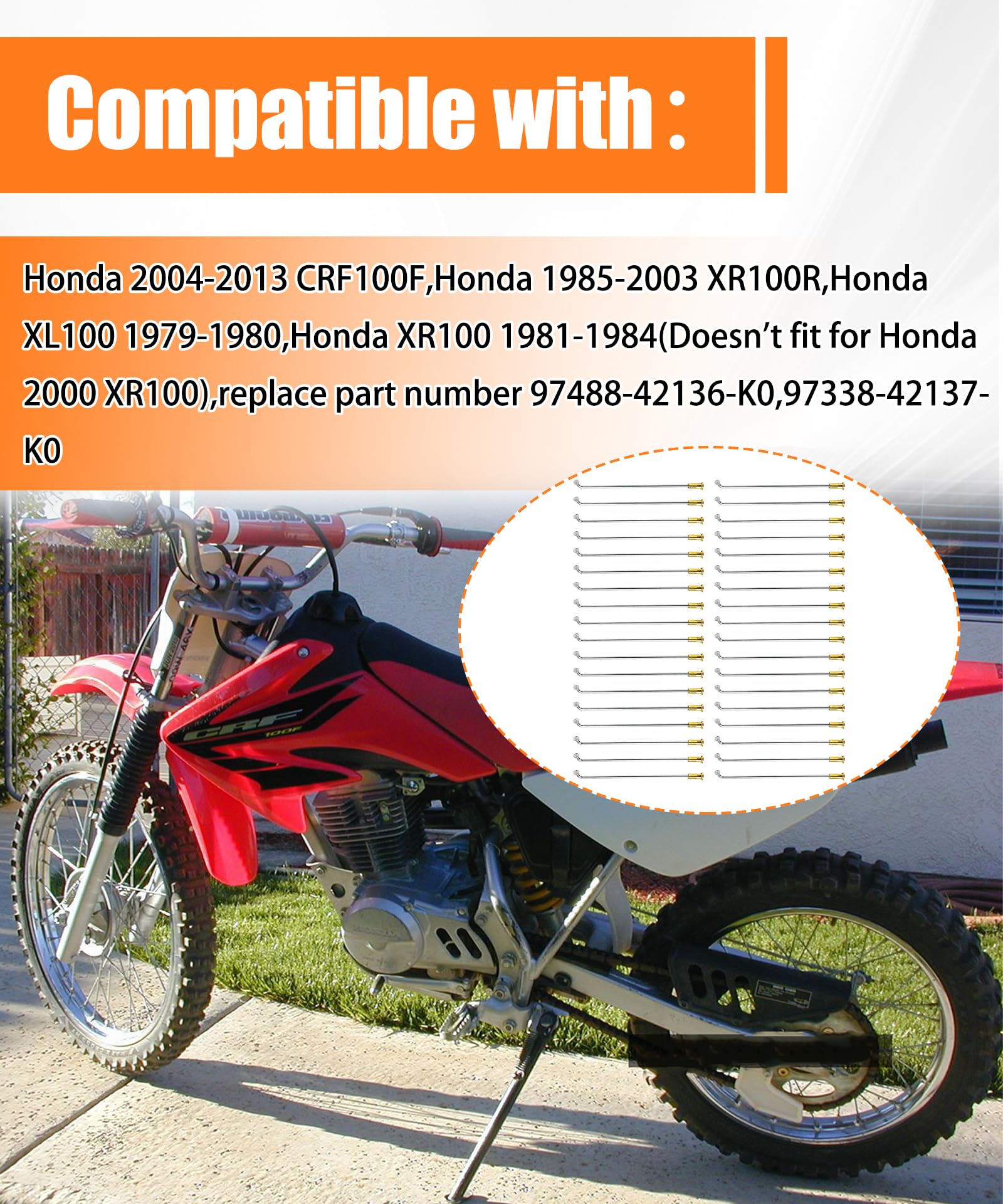36Pcs Motorcycles Rear Wheel Spoke compatible with Honda XR100R CRF100F,16 inch Spokes + Nuts Set, replace 97228-42138-K0 97658-42137-K0